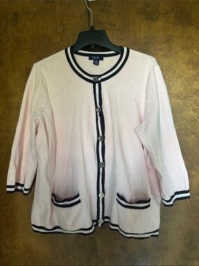 Chaps 100% Cotton Pink Cardigan with Black Trim and Silver Buttons